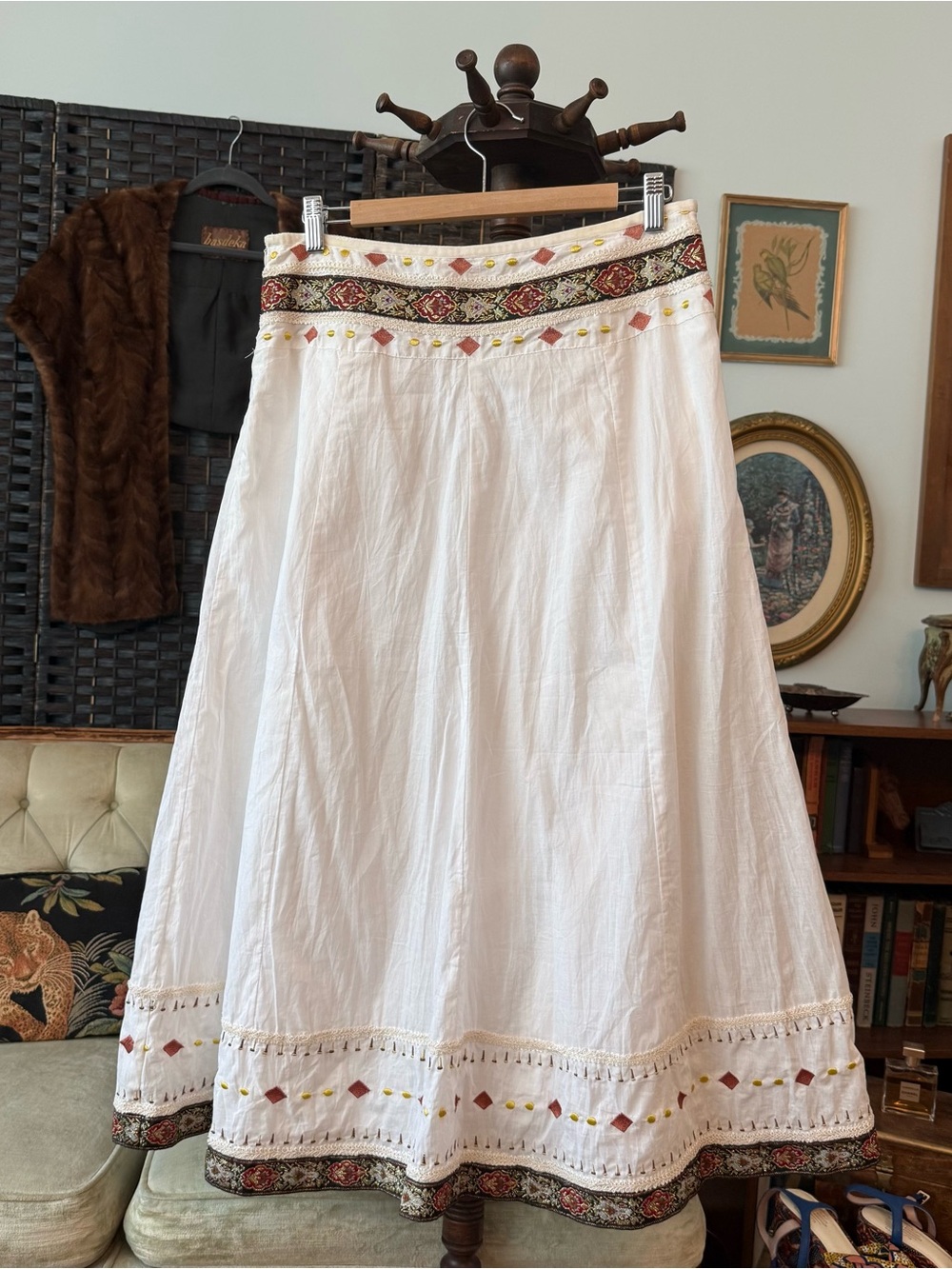 🤍 B.B Top Series Embroidered Boho Maxi Skirt White Festival Cottagecore L 🤍